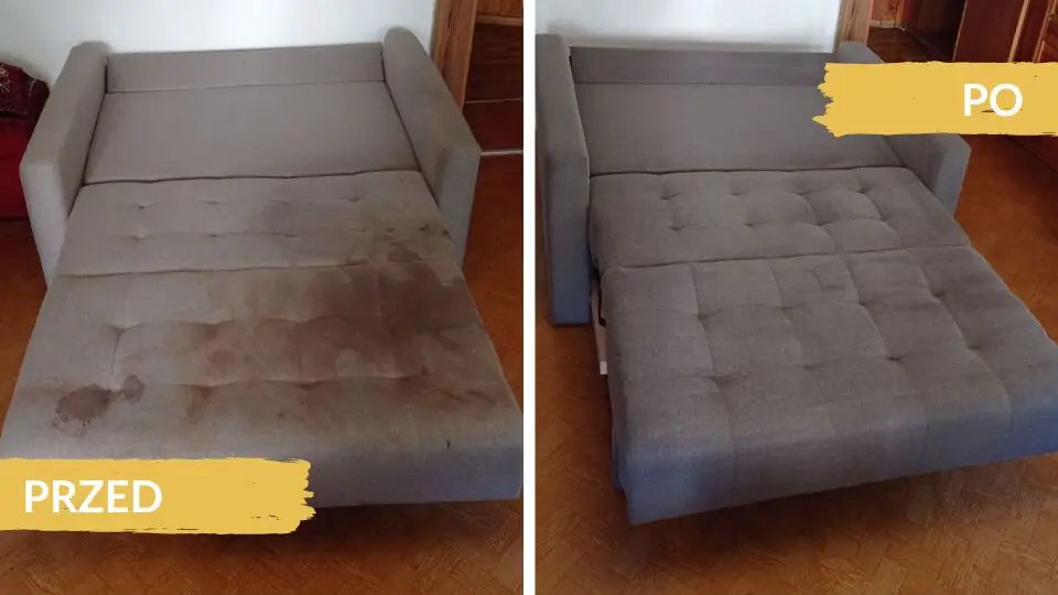 Pranie tapicerki meblowej Wrocław – kanapa przed i po czyszczeniu, efekty widoczne od razu