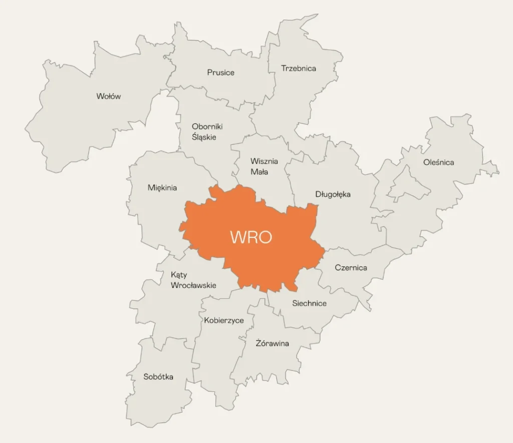 Obszar działania Rent&Clean Wrocław i okolice – mapa aglomeracji wrocławskiej